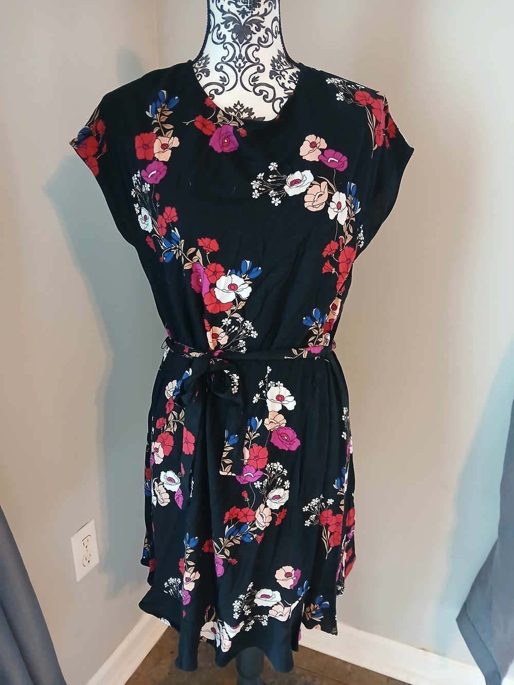 POPSUGAR Black Floral Midi Dress with Red, Pink, Blue & White Accents